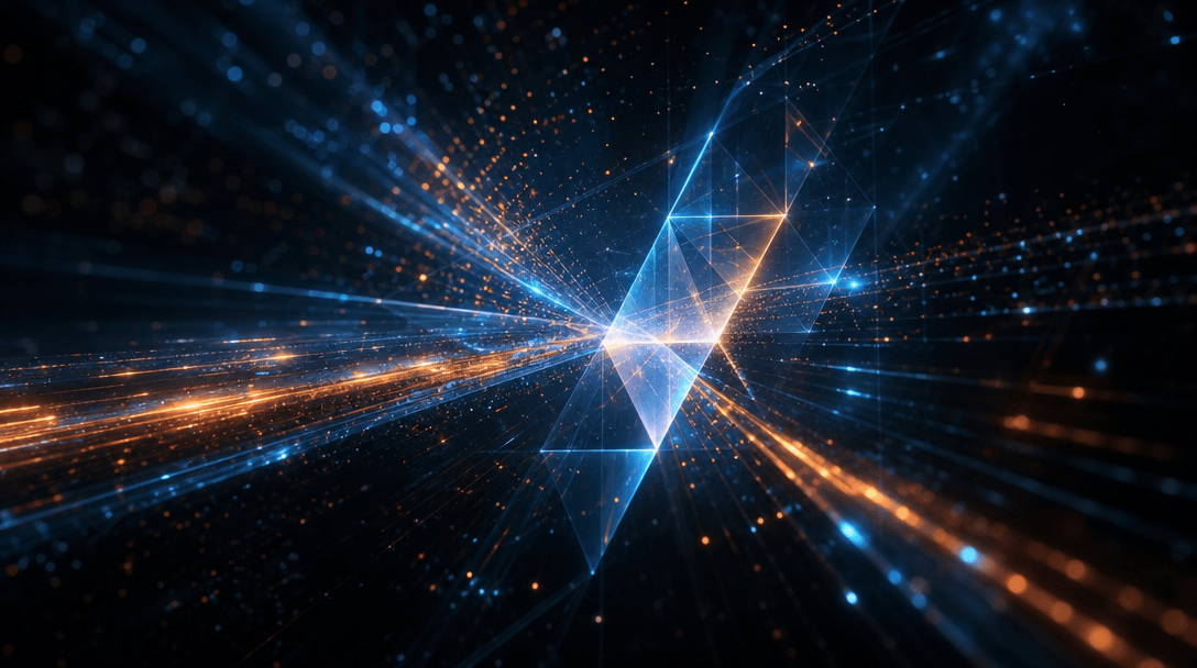 Abstract cinematic visualization of video rendering: bright particles and light rays streaking dynamically across dark d