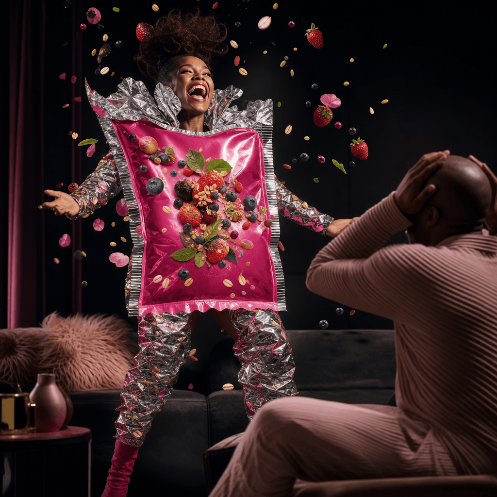 A colorful nutrition sachet enlarged into an avant-garde wearable costume during a funny home reveal, with confetti-like