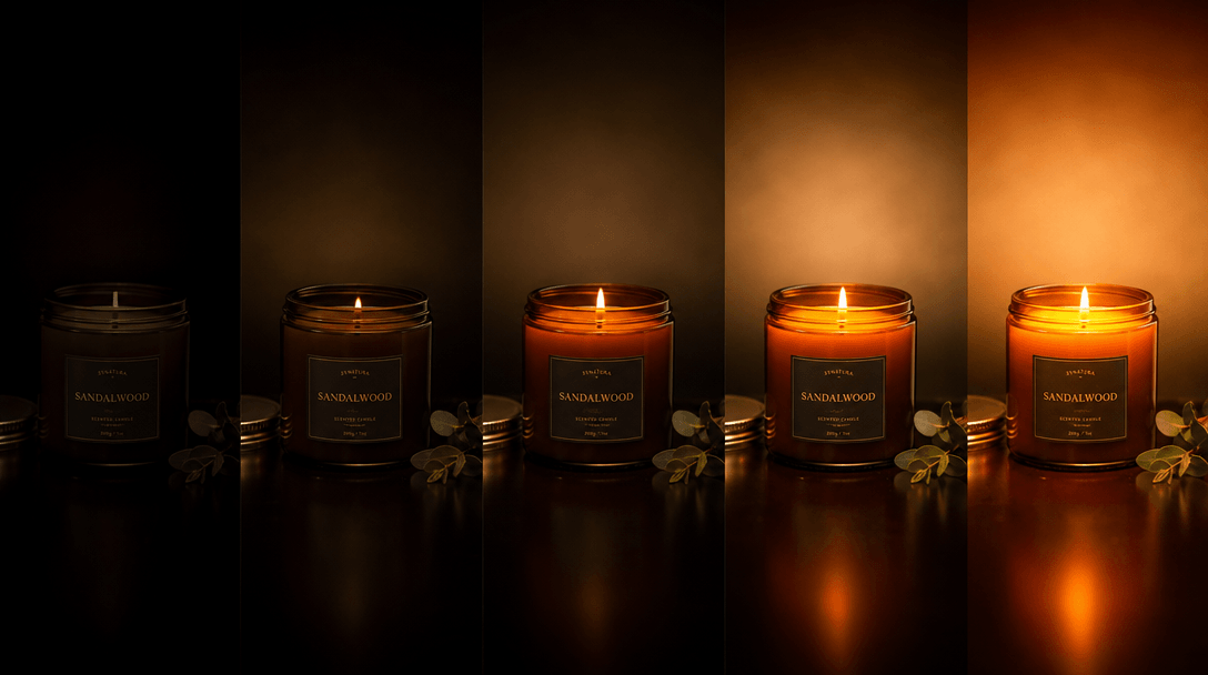 Rapid sequence of candle product shots illuminating from darkness. Each frame shows increasing warmth and glow, smooth t