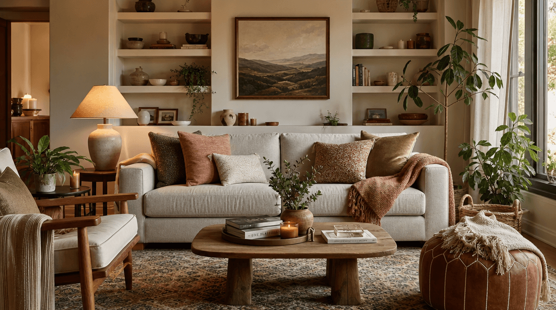 Comfortable furnished living space with layered soft decor. Multiple pillows, throws, plants. Warm inviting arrangement.