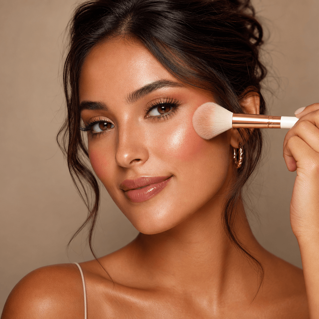 Completed makeup look with blush or highlight being applied, final beauty routine step. Radiant skin, professional beaut