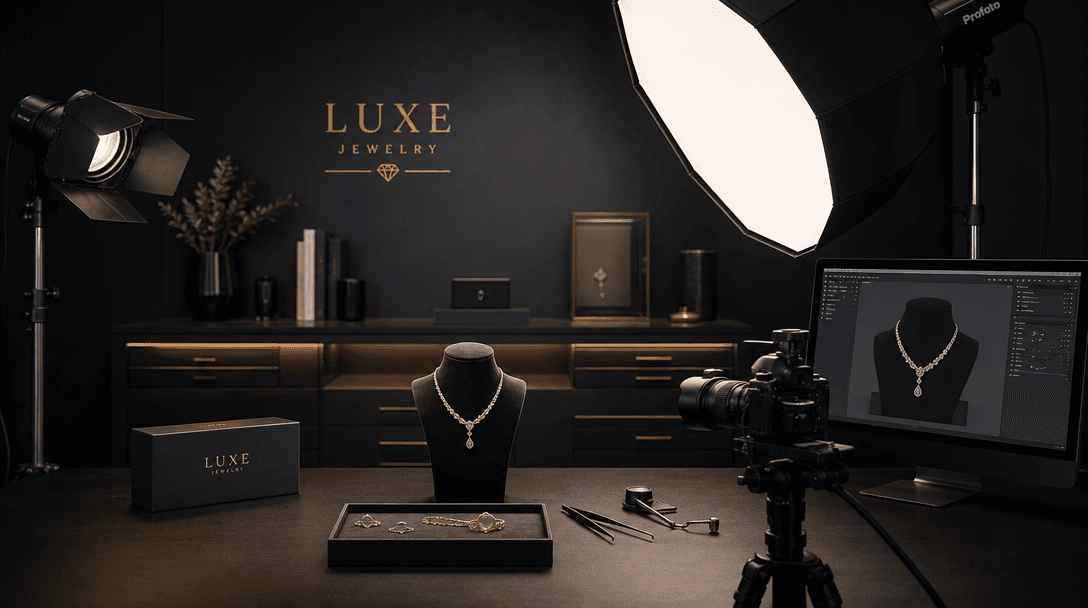 Luxury jewelry studio environment with soft key lighting and dark moody background. Professional workspace setup with st