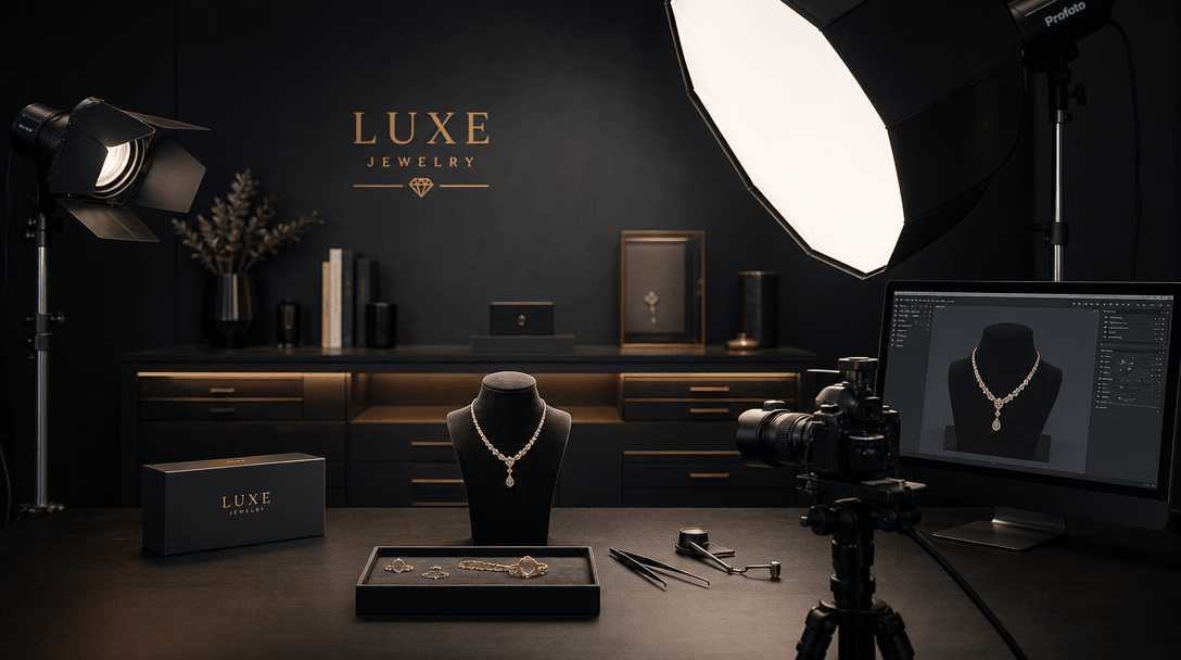 Luxury jewelry studio environment with soft key lighting and dark moody background. Professional workspace setup with st