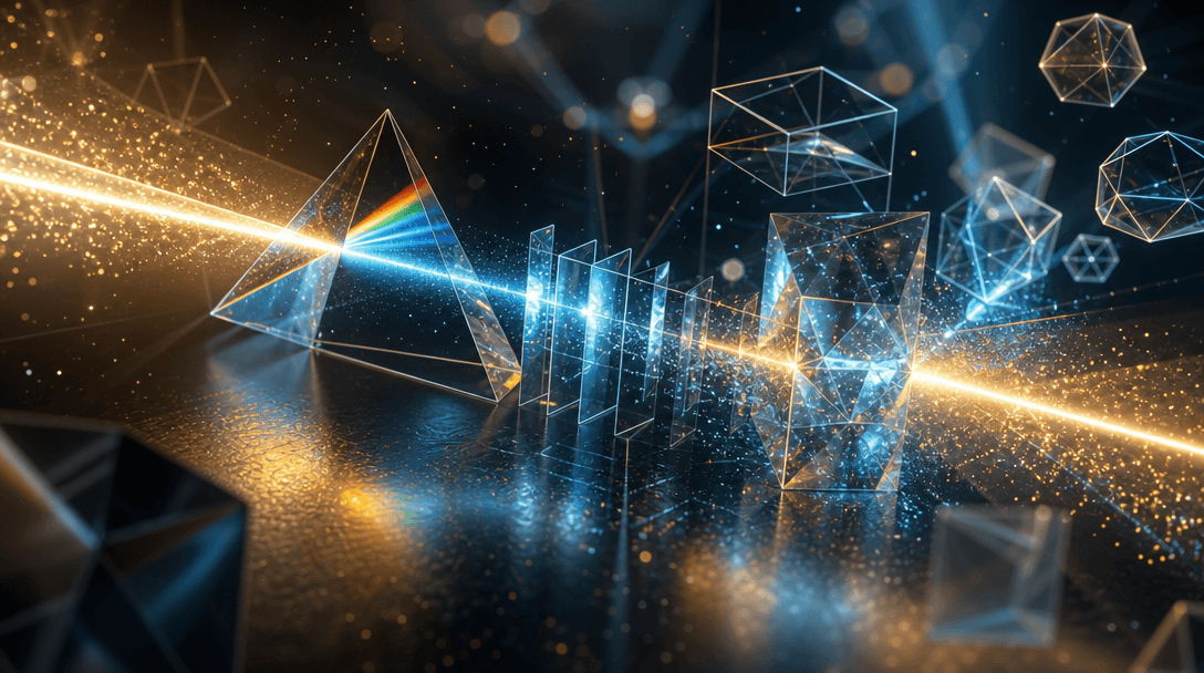 Abstract visualization of spatial understanding: light rays penetrating through geometric prisms and crystal structures.