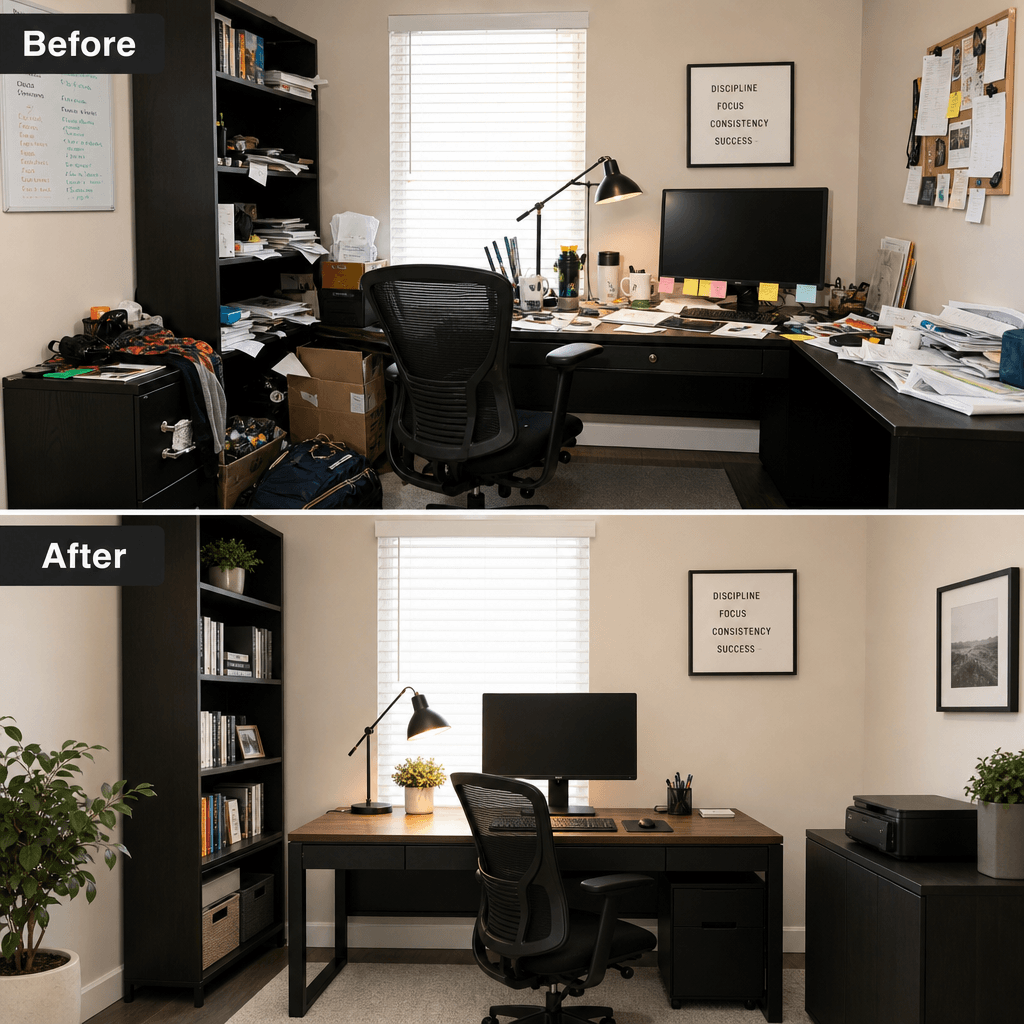 Before: chaotic home office with scattered belongings. After: organized, professional home office with clean desk, minim