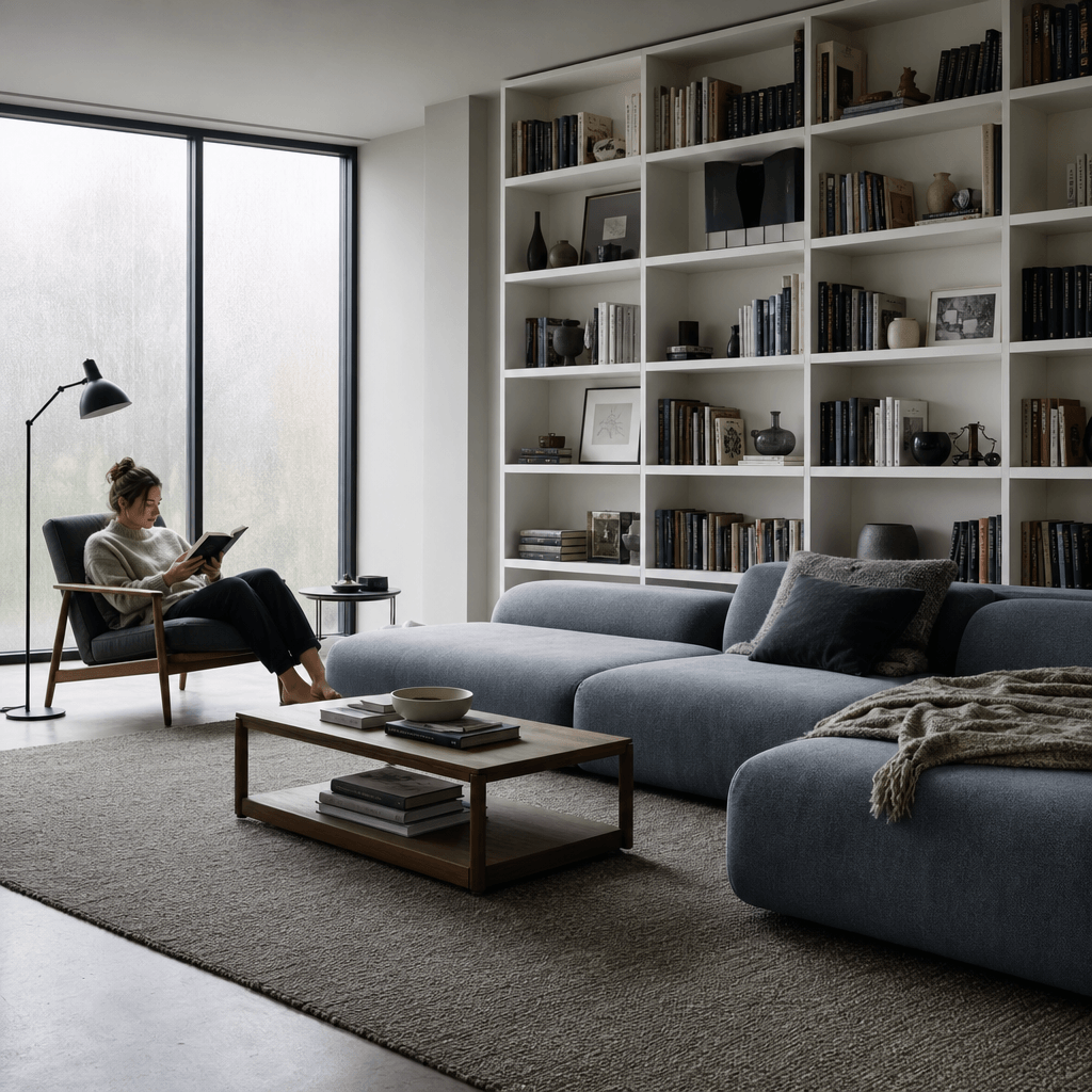 Scandinavian-inspired living room with a low modular sofa and floor-to-ceiling bookshelves. A figure reads in an armchai