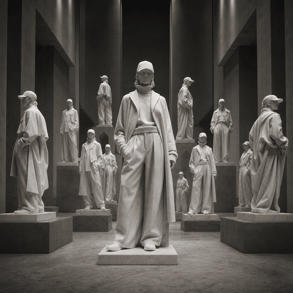 An anonymous fashion figure cloned into a symmetrical crowd of full-length white marble statues inside a brutalist museu