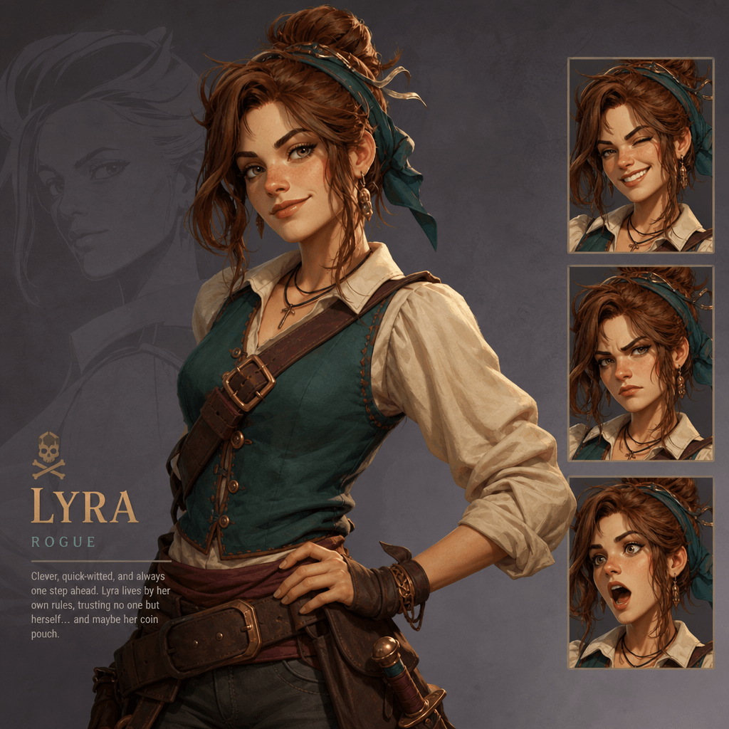 A stylized 3D character with more detailed textures: fabric clothing, realistic skin, expressive facial features. Painte