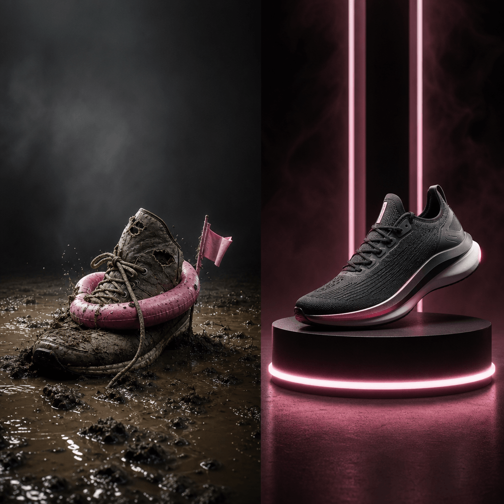 A humorous comparison ad for running shoes: one worn shoe trapped in a messy puddle while a sleek modern shoe rests conf