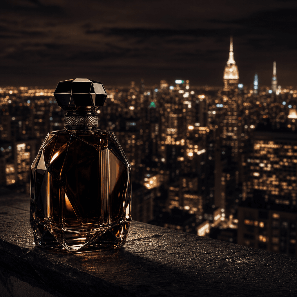 Premium perfume bottle on a rooftop ledge overlooking a glittering night cityscape, deep dark editorial tones with pinpo