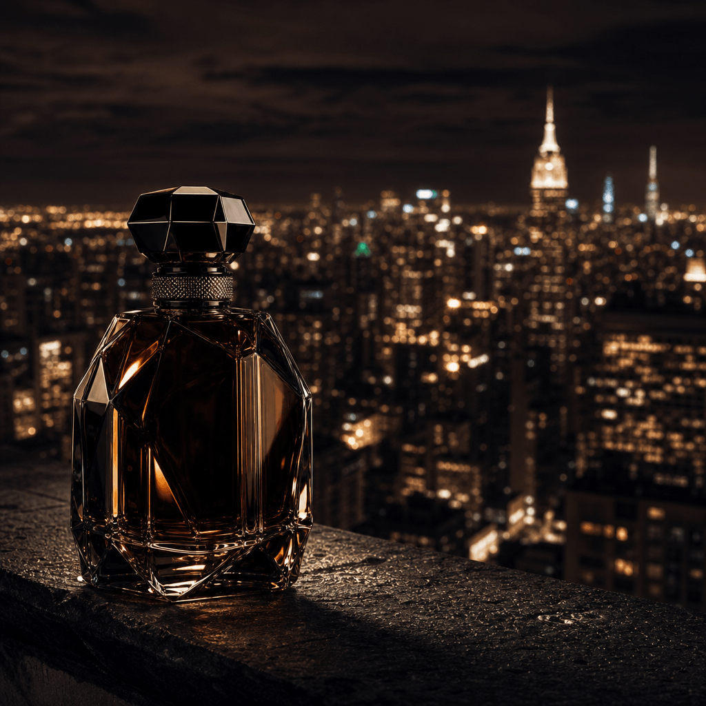 Premium perfume bottle on a rooftop ledge overlooking a glittering night cityscape, deep dark editorial tones with pinpo