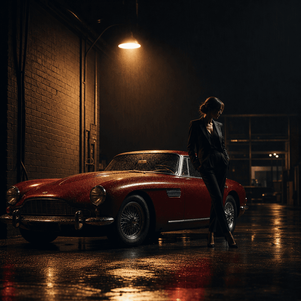 Anonymous model standing beside a vintage red grand tourer at night beneath a single industrial streetlight, rain-slick