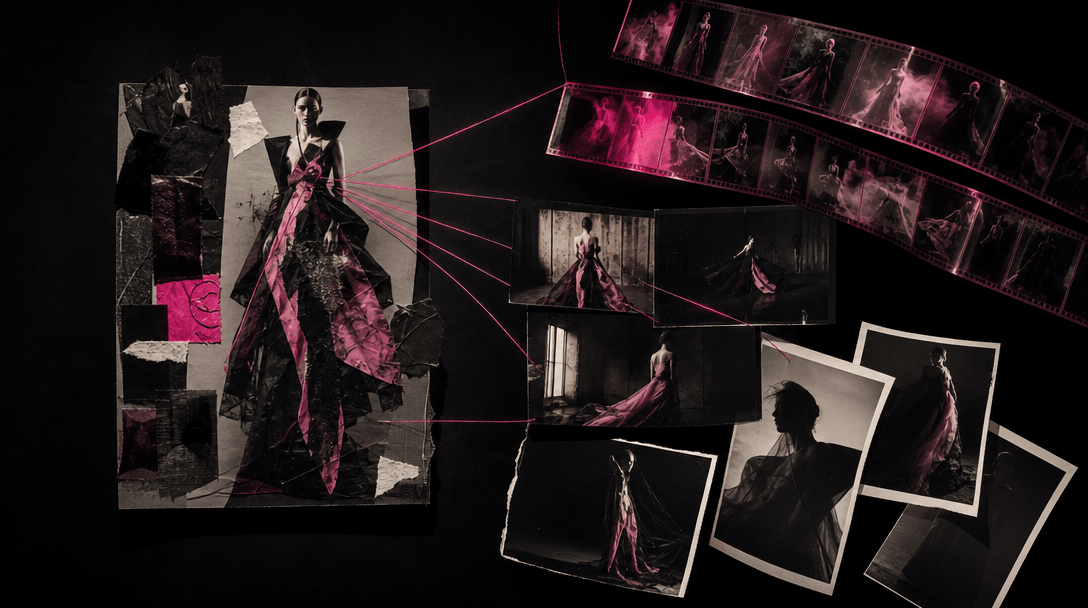 Abstract multi-model creative concept represented by one fashion collage branching into cinematic frames, photographic p