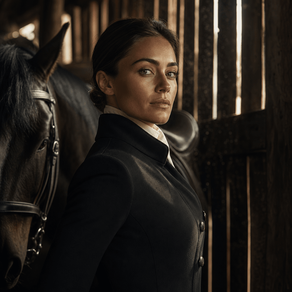 Anonymous adult equestrian subject in a structured black riding coat inside a shadowy timber stable, horse partially vis