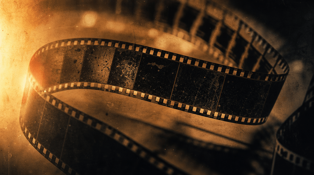 Abstract vintage film stock concept: old cinema film strips, grain texture, vintage color grading, dramatic lighting, no