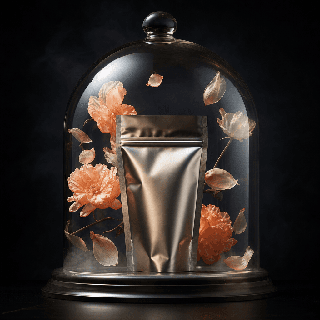 A metallic wellness powder pouch standing beneath a wide glass cloche, soft peach flowers and translucent petals suspend