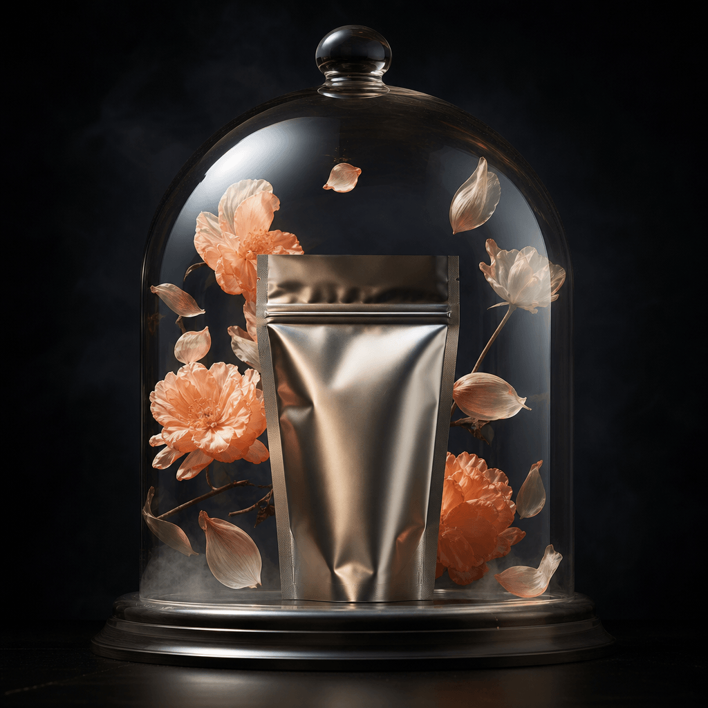 A metallic wellness powder pouch standing beneath a wide glass cloche, soft peach flowers and translucent petals suspend
