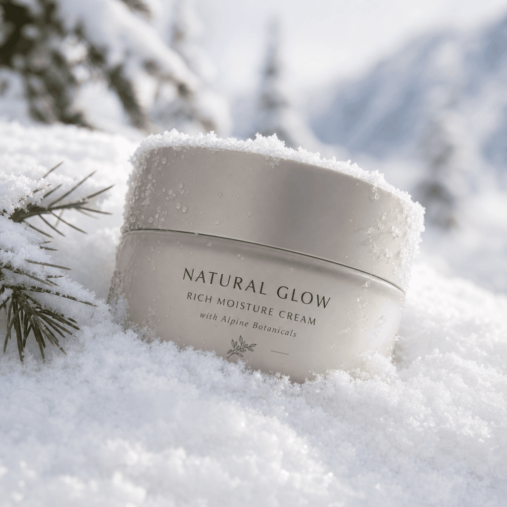A beauty product partially buried in fresh snow, emphasizing the winter theme and natural beauty.