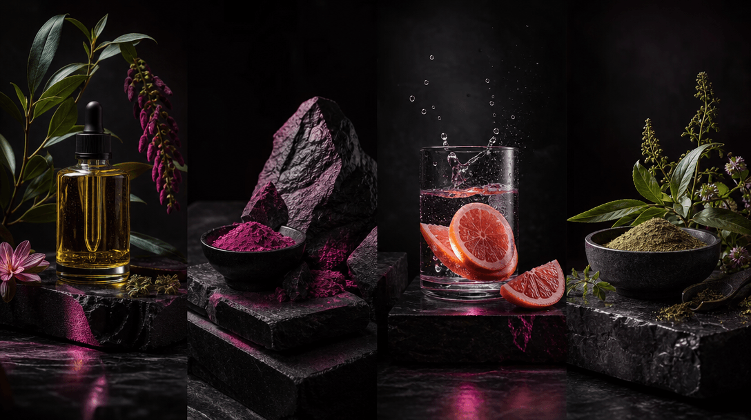 Four coordinated product pedestals suggested through distinct ingredient worlds: botanical oil, mineral pigment, citrus