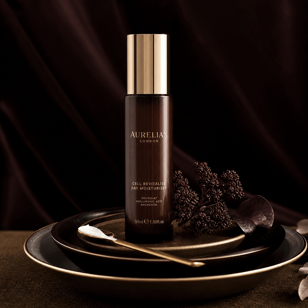 Sophisticated skincare product bottle displayed with serving utensil and decorative plate arrangement, dark editorial li