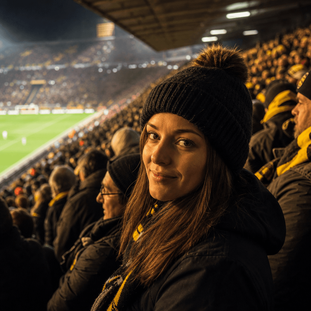 Woman in stadium stands at a night match, vivid green pitch visible far below through the crowd, warm tungsten light rak