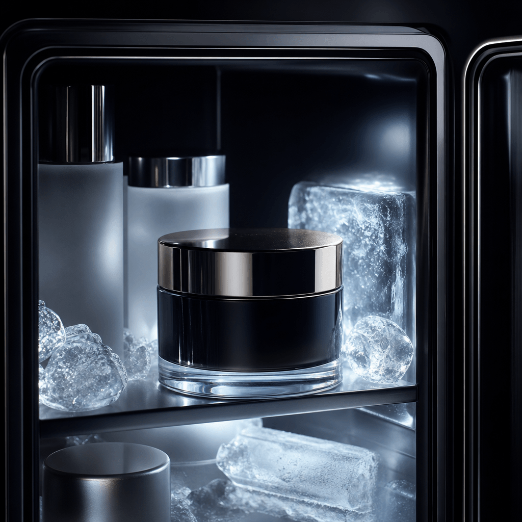A luxury skincare jar arranged in a compact beauty refrigerator beside frosted glass and translucent ice, soft cold ligh