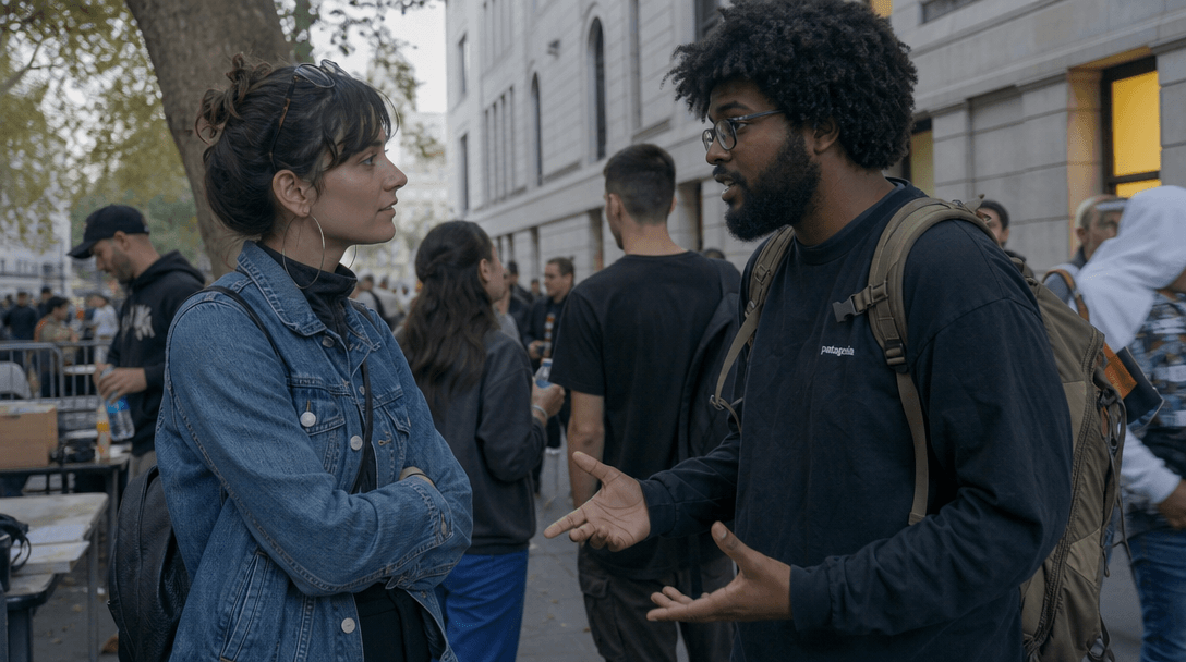 Real-looking street conversation with natural body language and flow, outdoor urban environment, documentary cinematogra