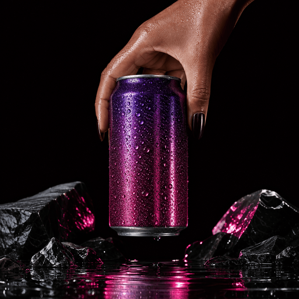 A jewel-toned sparkling water can held above a reflective obsidian surface, droplets catching sharp studio light, deep d