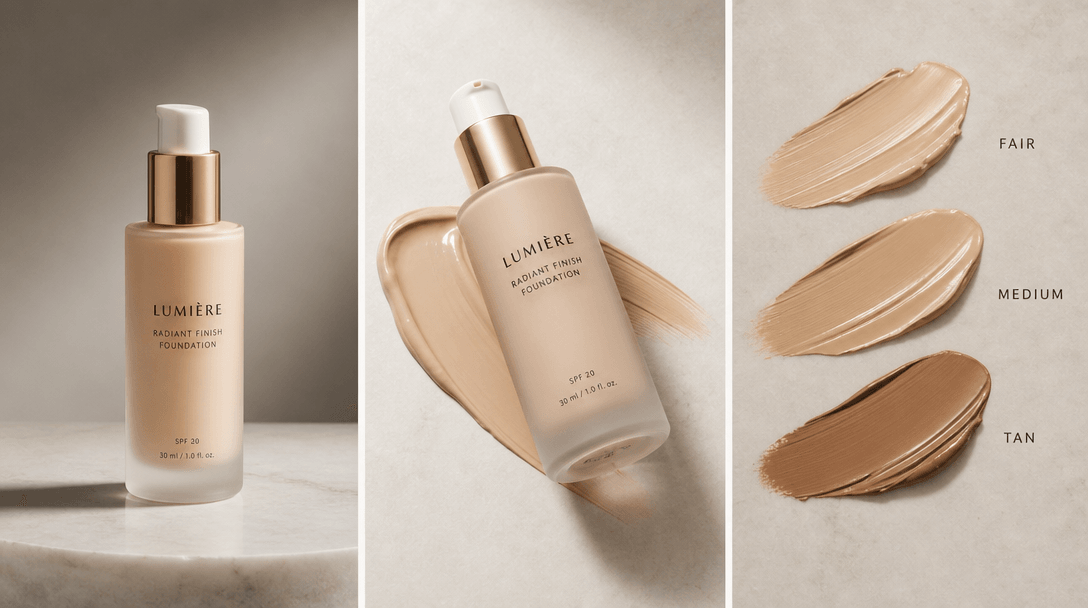 Triptych composition showing one beauty product in three refined variations or applications. Studio lighting, profession