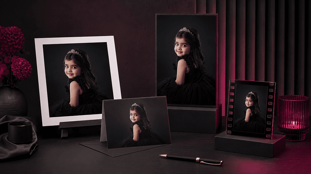A cinematic tabletop scene where one birthday portrait inspires multiple physical creative formats: a premium photo prin