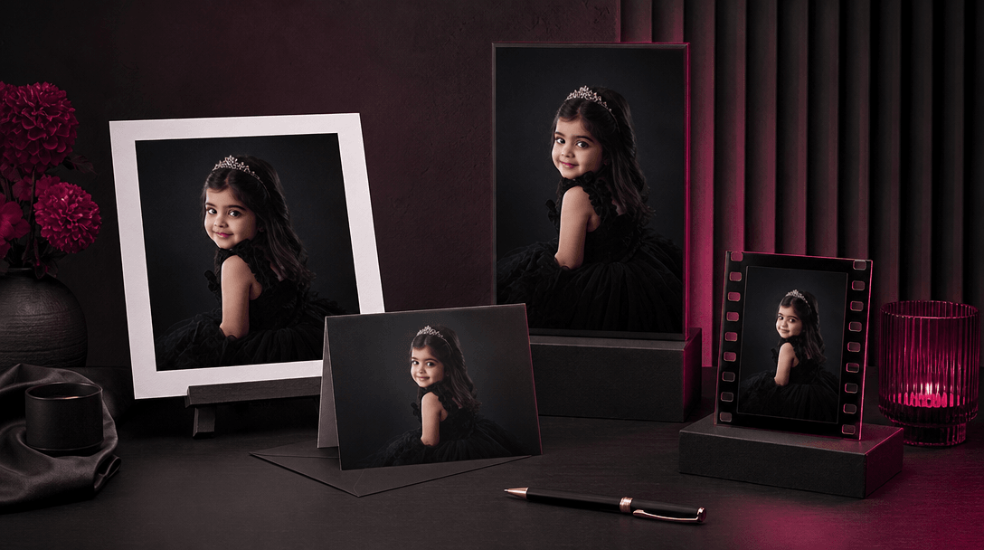 A cinematic tabletop scene where one birthday portrait inspires multiple physical creative formats: a premium photo prin