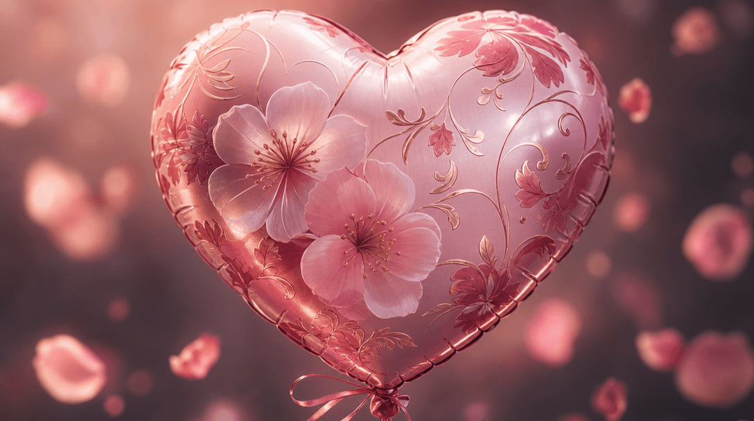 Close-up floral heart balloon with delicate petal patterns, soft pink and rose tones, floating effect, romantic lighting