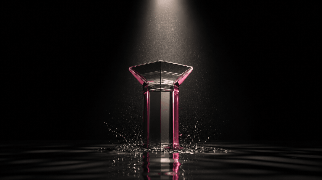 A sculptural glass pedestal emerging from black liquid, struck by a narrow studio spotlight as fine mist and tiny drople