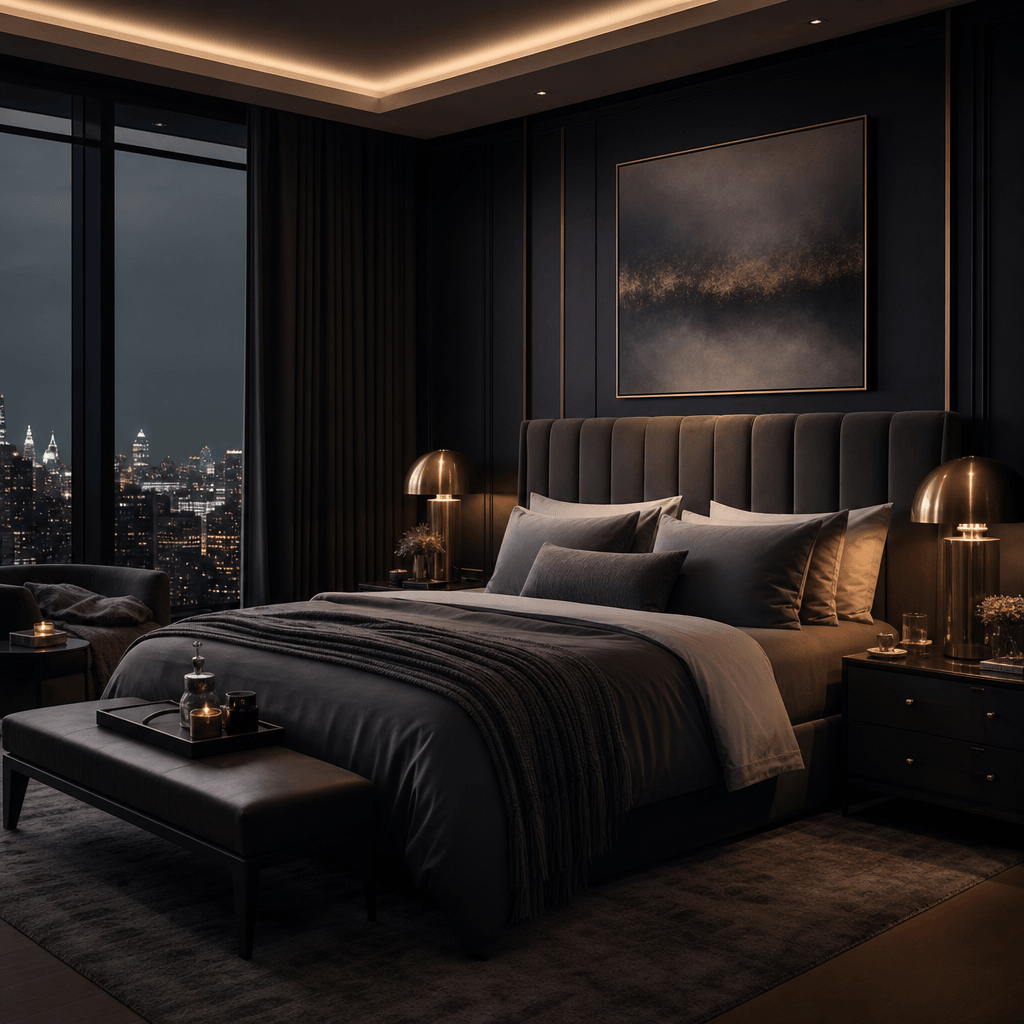 Luxury penthouse bedroom interior — dramatic low-key lighting, deep charcoal accent wall, warm brass bedside lamps, over