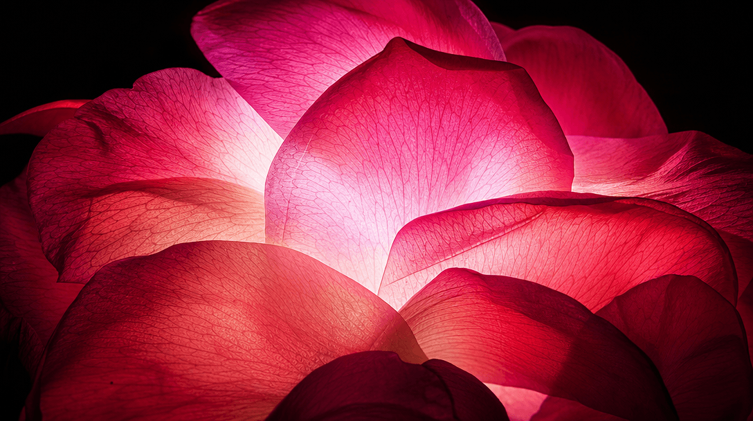 Abstract editorial still-life: multiple translucent rose petal layers lit from behind, gradient shifting from deep magen