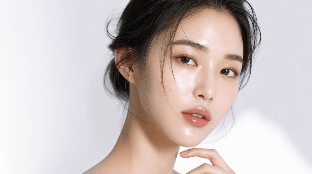 Beauty portrait demonstrating glass skin makeup effect with smooth luminous skin, professional cosmetics, editorial styl