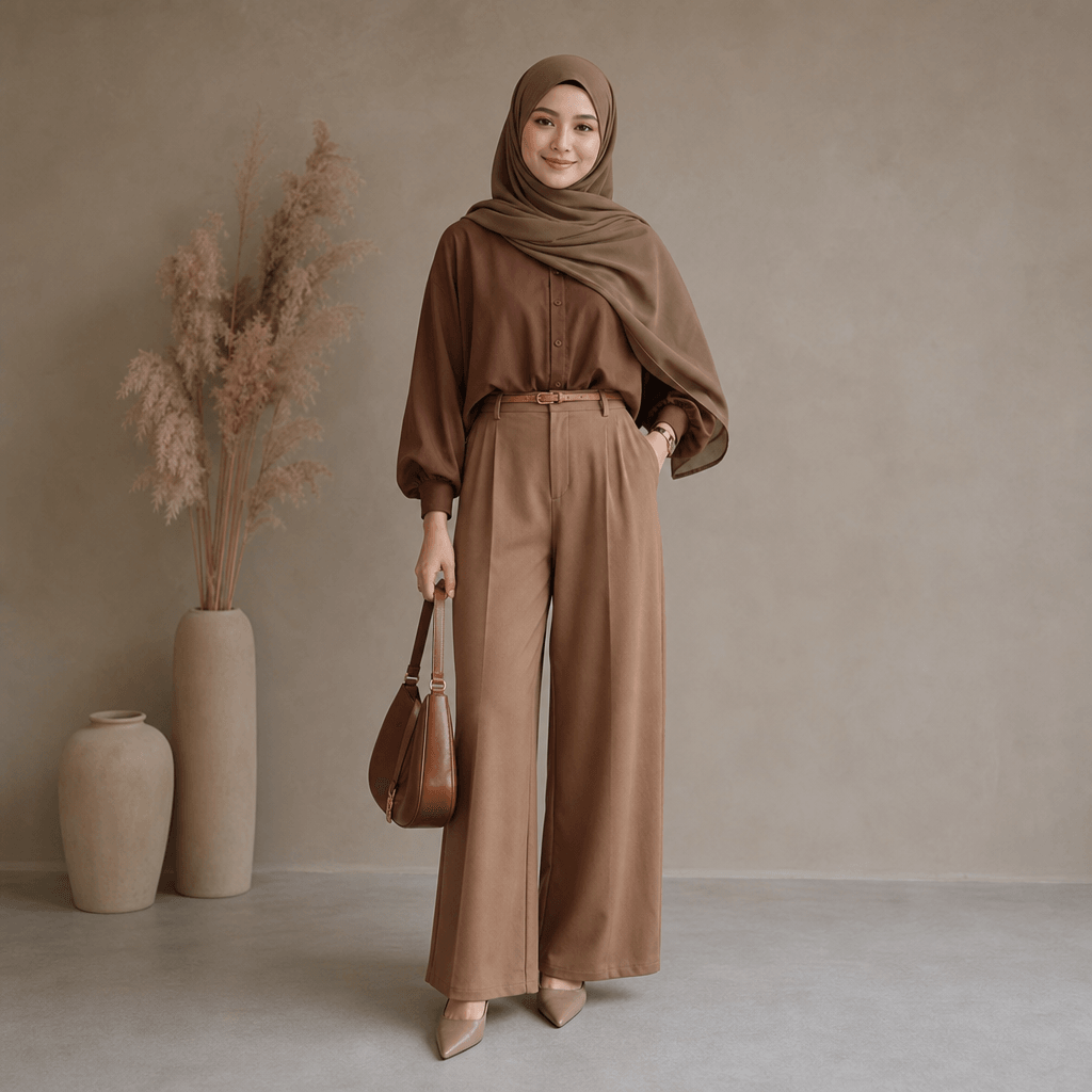 Full-body modest fashion portrait in warm brown tones, hijab and coordinated earth-tone outfit, standing pose with natur