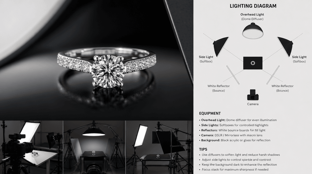 Professional studio product photography setup, light reflectors and diffusion, jewelry gleaming under studio lights, pro