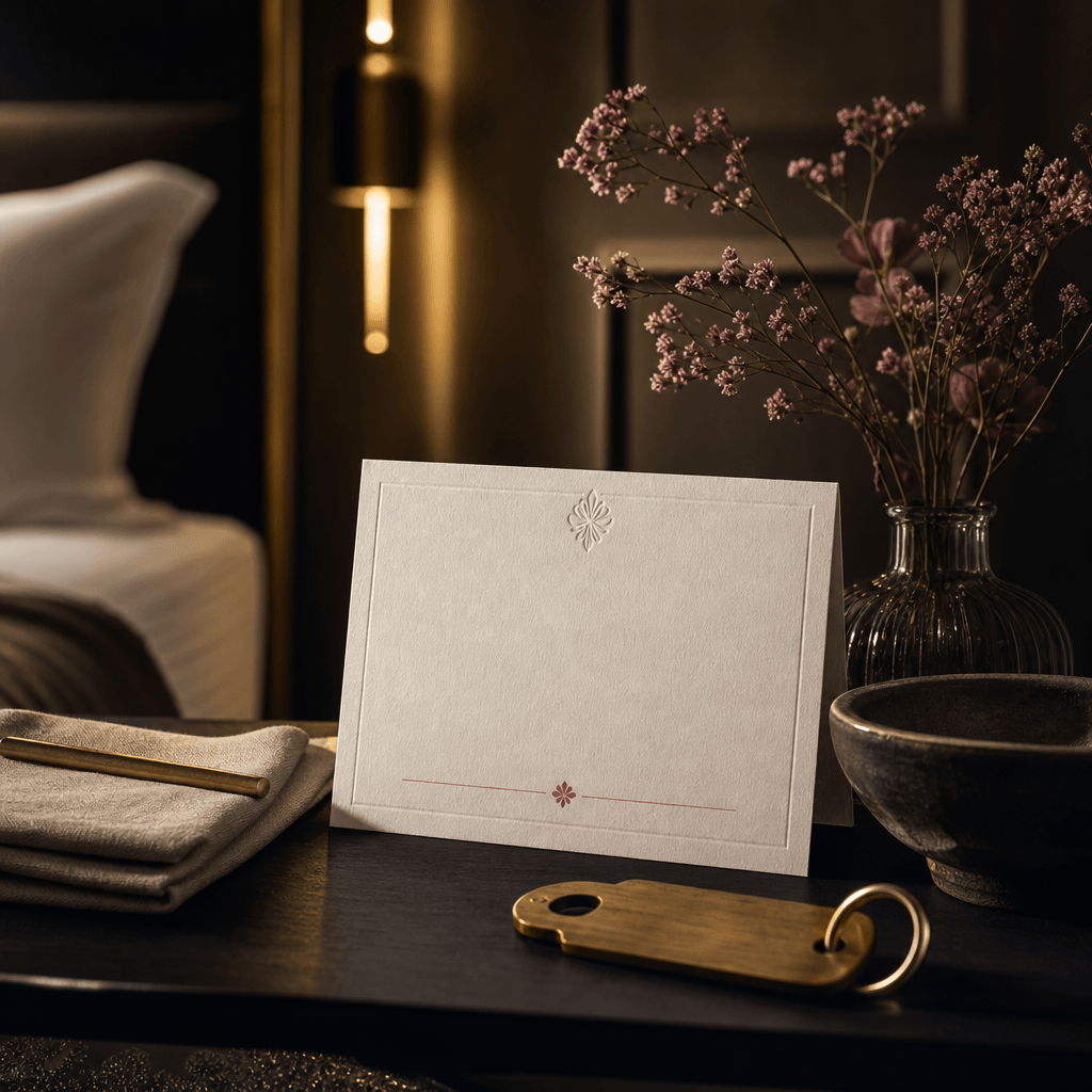 A boutique hotel guest review card staged on a dark bedside table with folded linen, a brass key tag, delicate flowers,