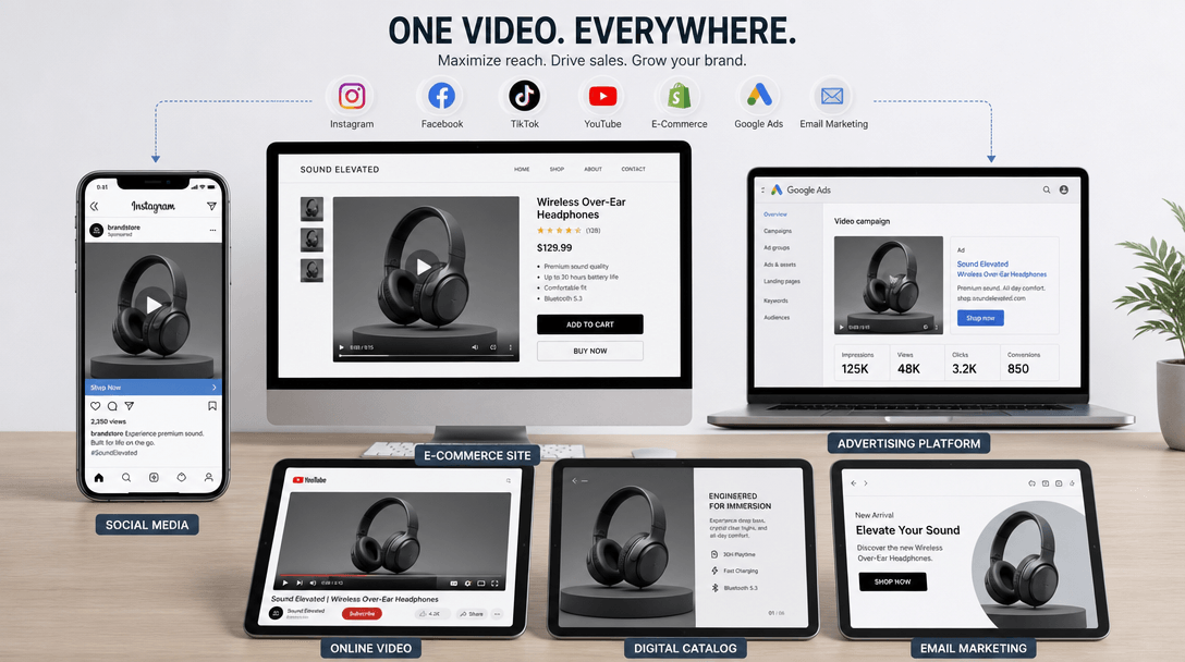 Product rotation video exporting and appearing on multiple platforms—mobile phone showing social media, desktop showing