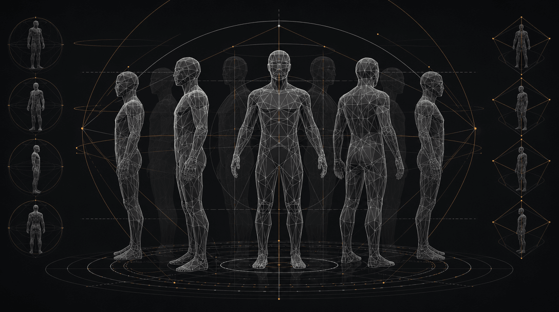 Abstract visualization of multi-angle character geometry. Geometric wireframe suggestions with silhouettes rotating, mul