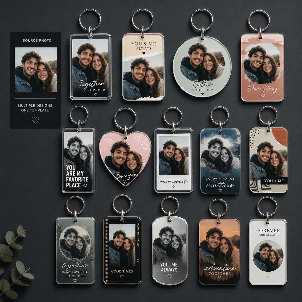 Flat lay of multiple printed keychain design variations from the same source photo. Showing different color palettes, la