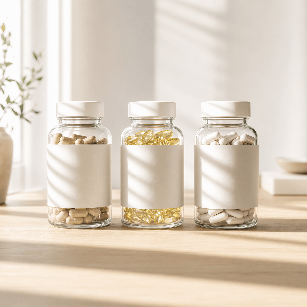 Three clean-label vitamin bottles lined up on a light oak wood surface, morning sunlight casting long parallel shadows a