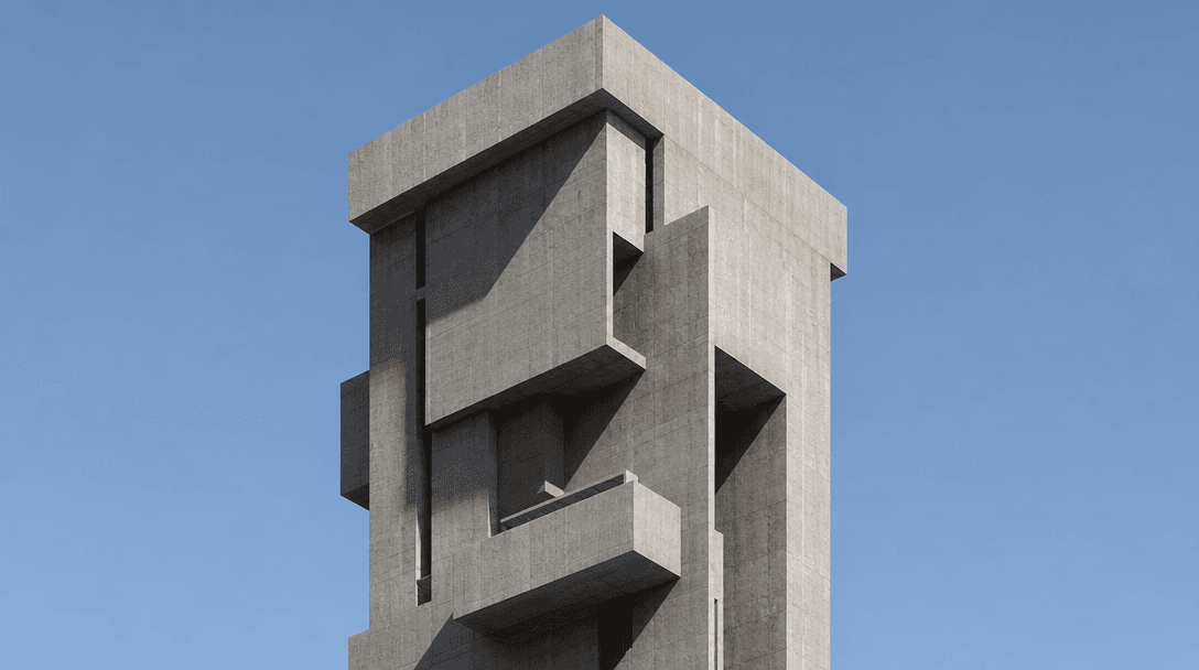 Brutalist concrete tower architectural visualization still, sharp angular geometry with precise hard shadows under midda