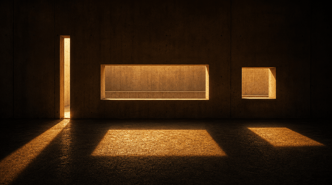 Abstract format concept: warm amber light streaming through three vertical slits of different widths cut into a brutalis
