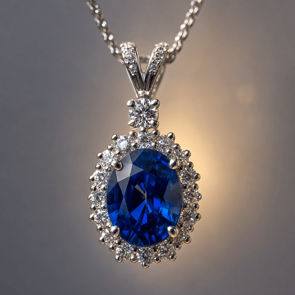 Macro studio close-up of a sapphire and white gold pendant necklace suspended mid-frame against a soft neutral grey back