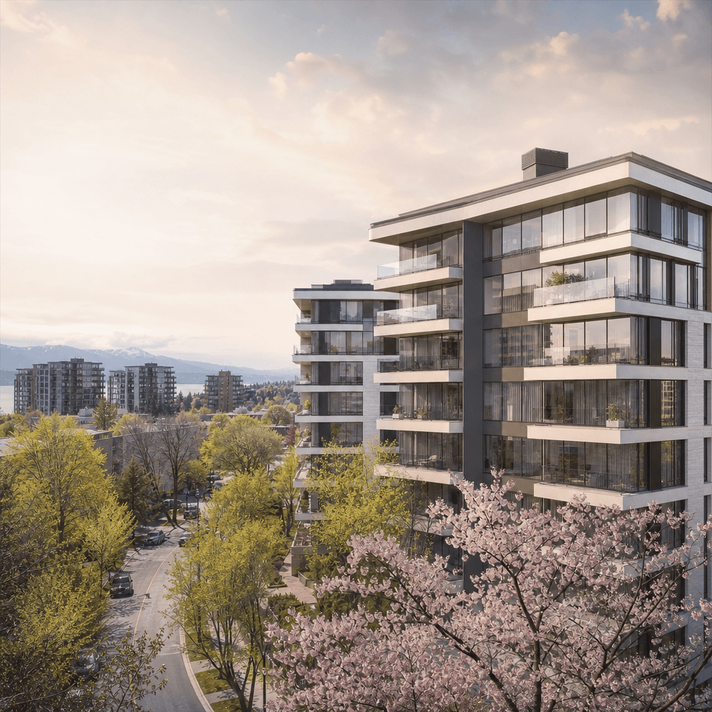 Photorealistic architectural render of a modern urban apartment building in spring — fresh pale-green foliage budding on