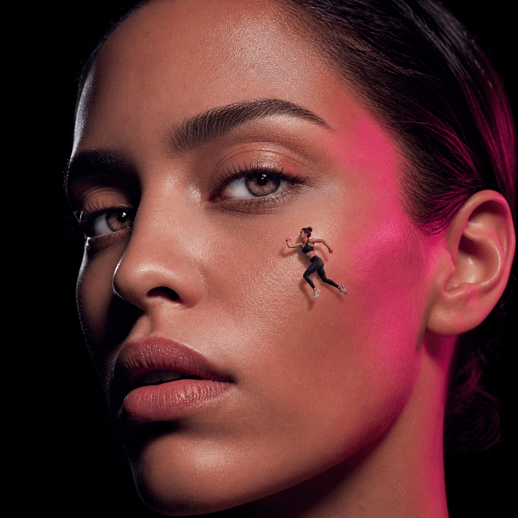 Tiny version of a person in mid-motion pose on upper cheek, dramatic three-point studio lighting setup, deep dark backgr