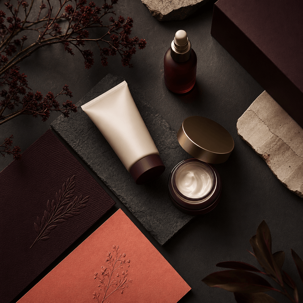 A luxury skincare brand kit presented as an editorial flat lay with cream packaging, textured paper, restrained coral an