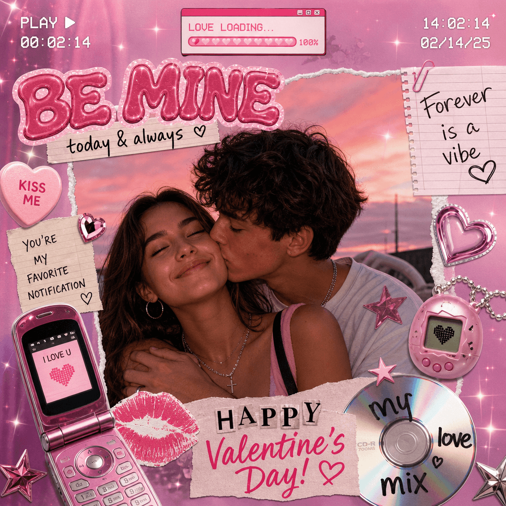Y2K Valentine final output: complete collage video frame with couple photo, nostalgic design elements, production-ready